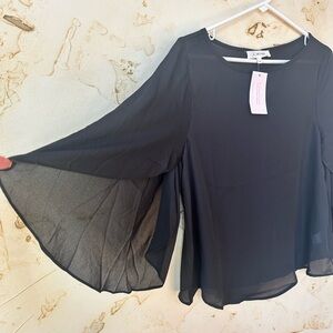 NWT Sweet Habit Black Sheer Chiffon Blouse Flowy 3/4 Sleeve Boutique Top M ✅